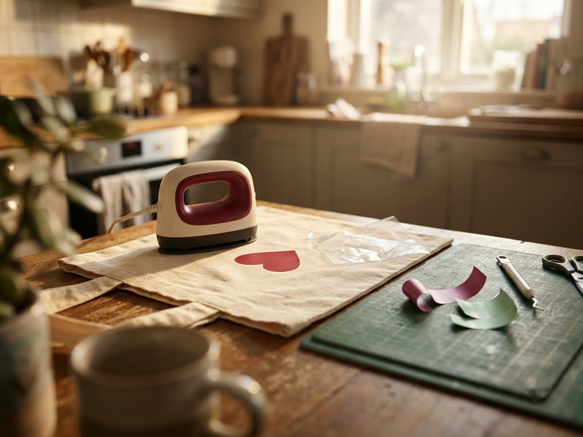 Handheld heat press resting on a tote bag with a simple iron-on design on a kitchen table