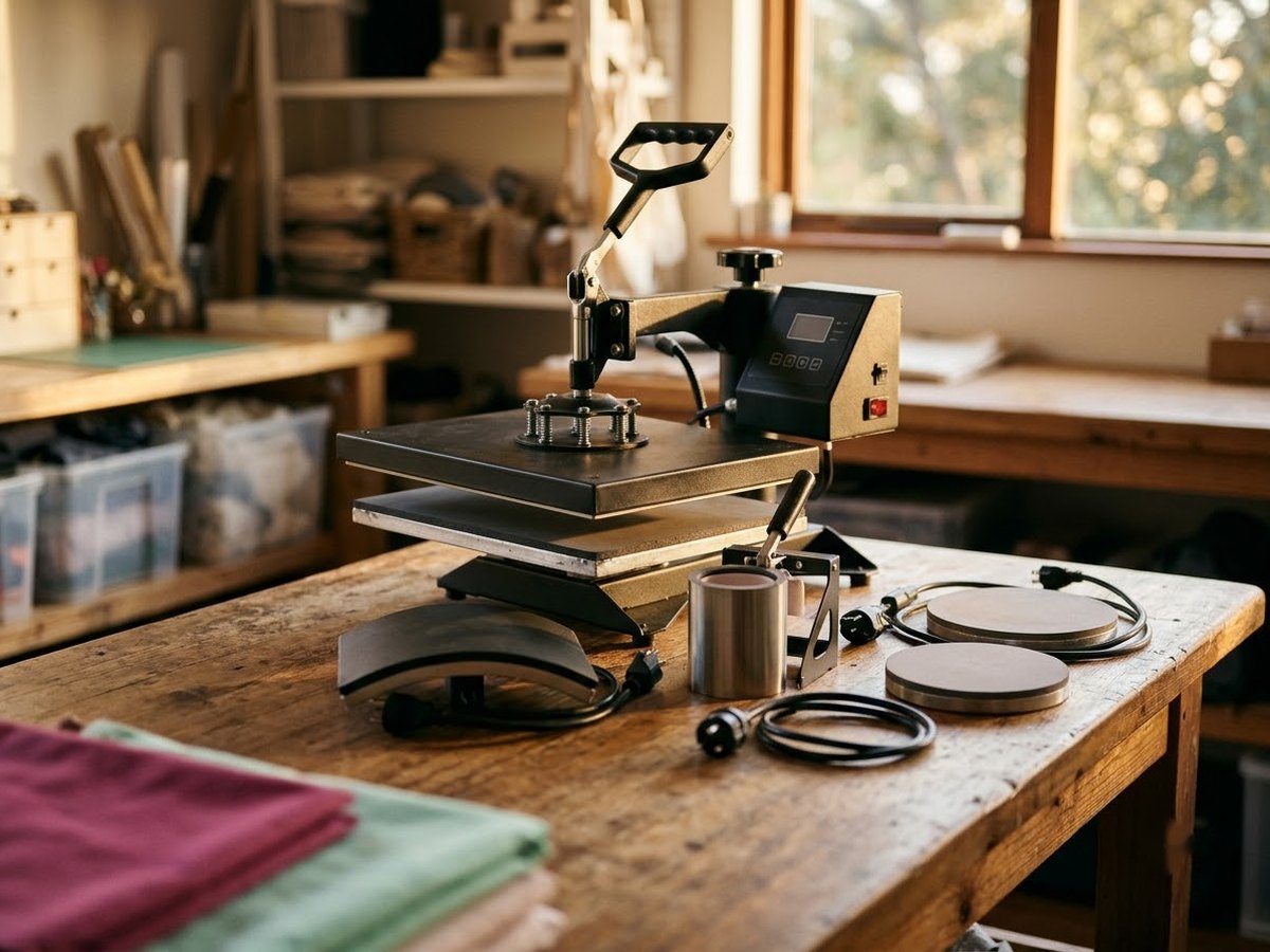 Swing-away heat press surrounded by hat, mug and plate attachments on a workbench
