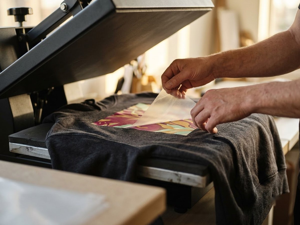 Full-color film transfer being peeled from a dark hoodie on a large heat press