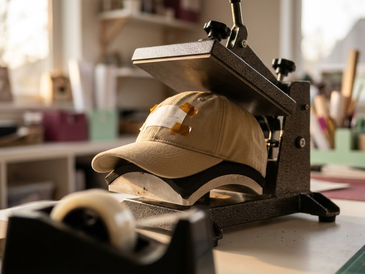 Blank baseball cap fitted on the curved platen of a compact hat press