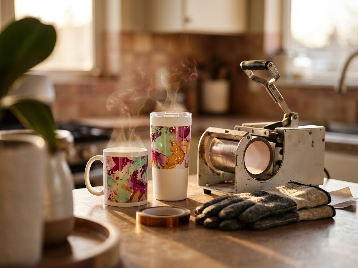 Freshly sublimated white mug and tumbler with colorful wraps beside a compact mug press