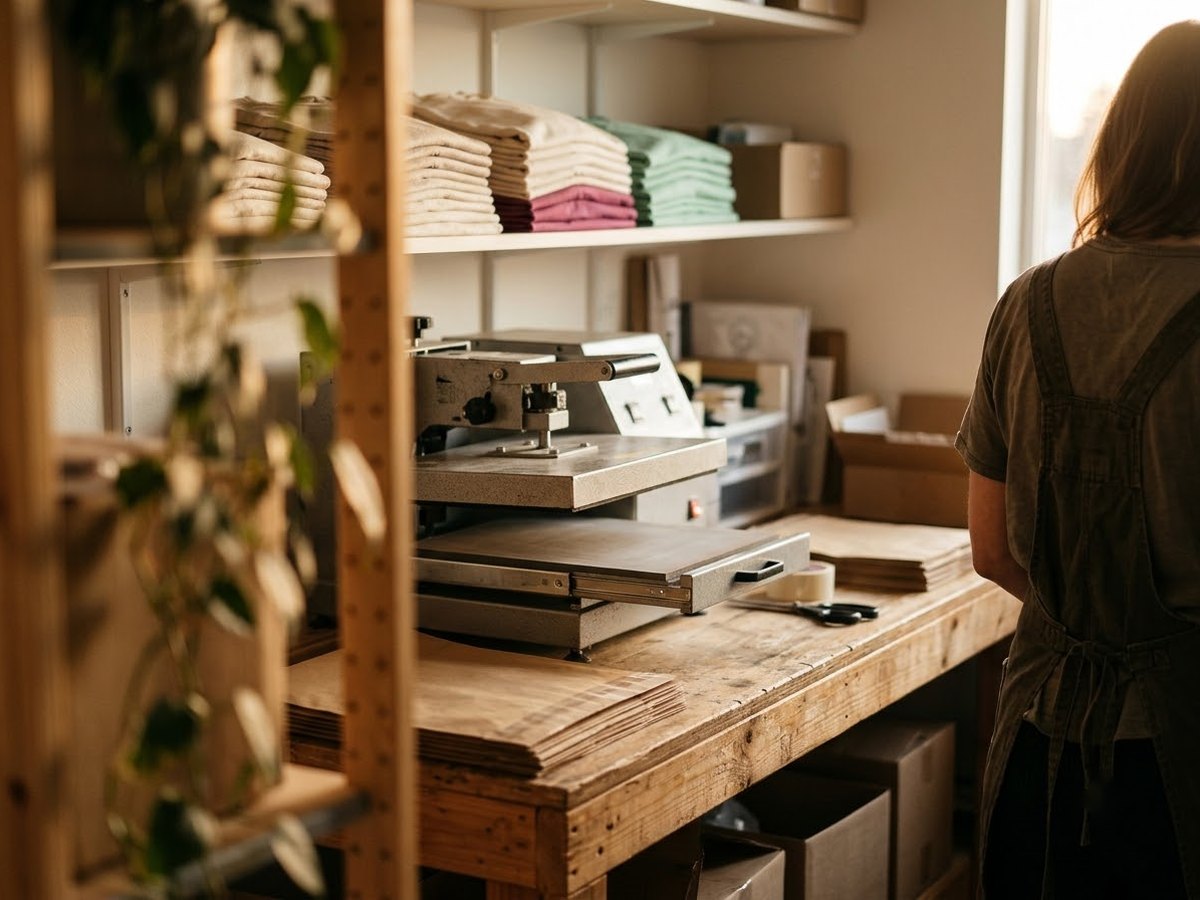 Small print studio with a slide-out heat press and stacks of folded custom shirts ready to ship
