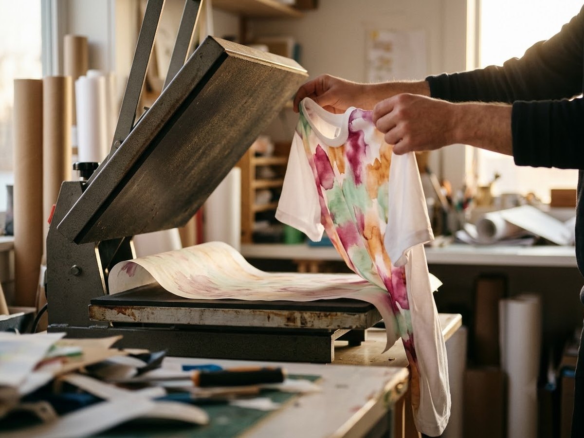 White polyester shirt with a bright all-over sublimated pattern being lifted off a heat press