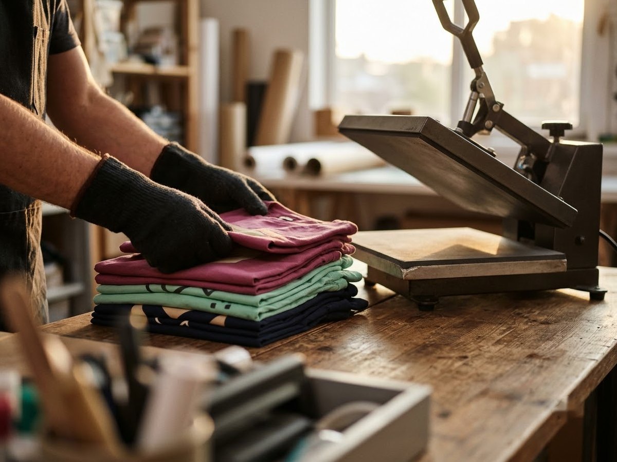Folded t-shirts with fresh vinyl designs stacked beside an open clamshell heat press
