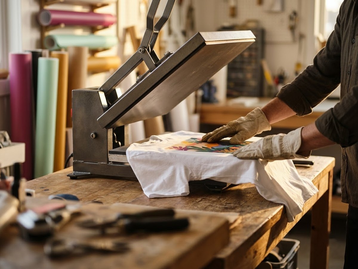 Gloved hands smoothing a white t-shirt with a vinyl design on the open lower platen of an unbranded clamshell heat press